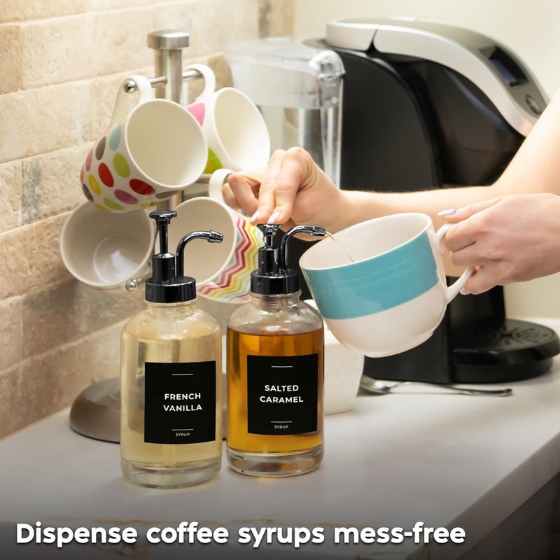 Spaceneat Coffee Syrup Dispenser with Pump - Includes 24 Flavor Labels - Glass Syrup Dispenser for Coffee Bar - Elevate your Beverage Station with 16.9 fl oz Flavoring Container Bottles  2pcs  Black - Image 4